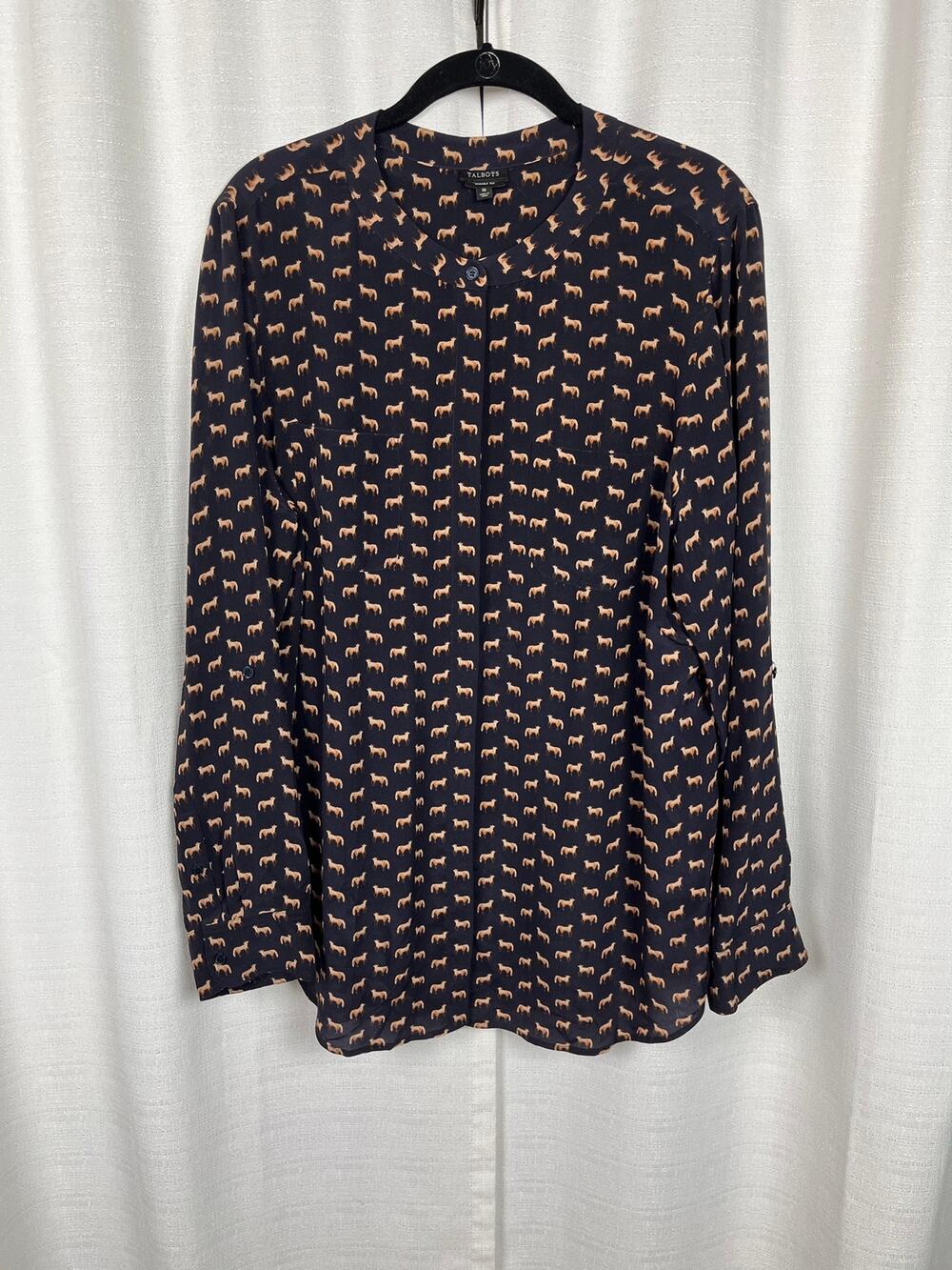Talbots Black Fox Print Washable Silk Button Up Blouse Sz.16
